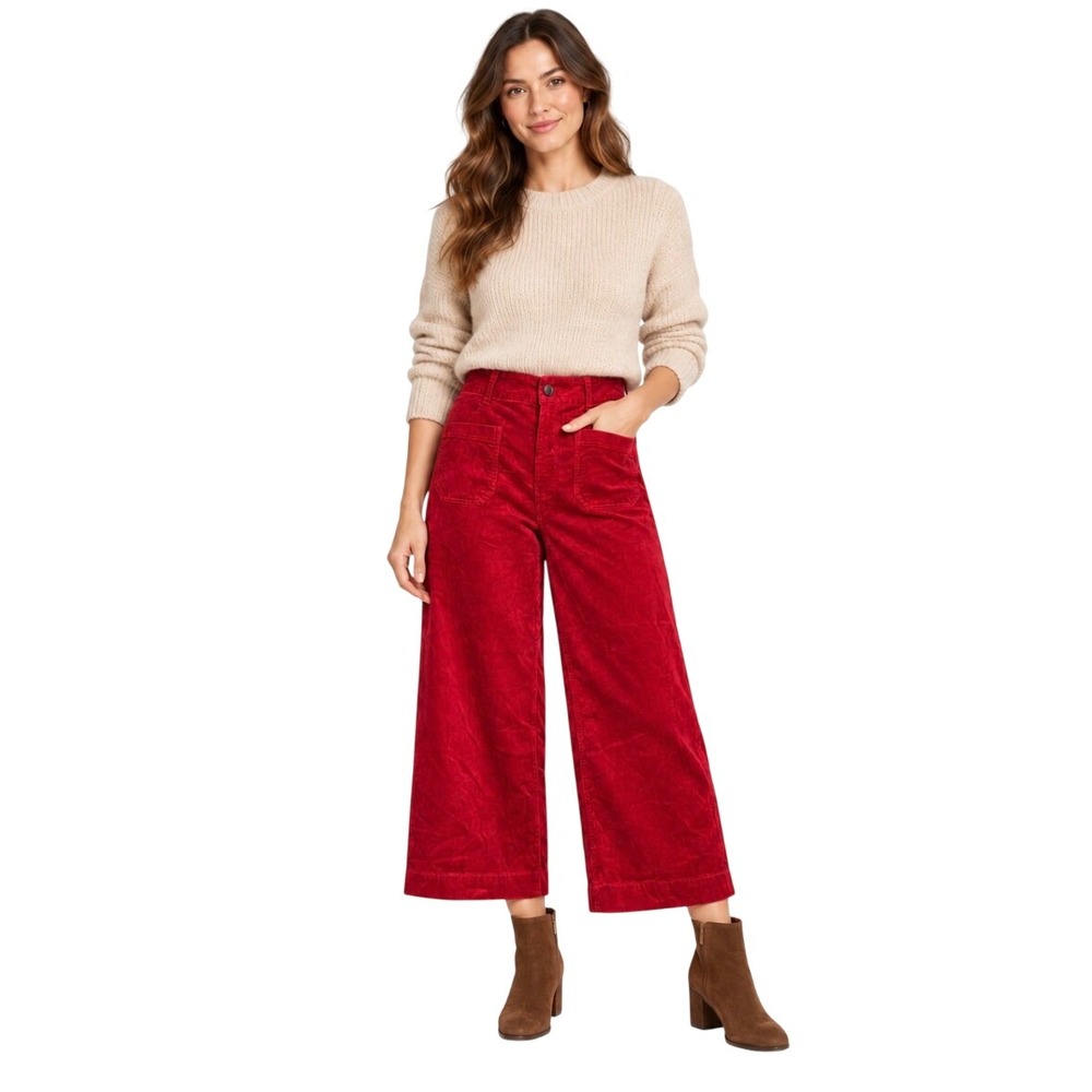 Maeve Anthropologie The Colette Cropped Wide Leg Corduroy Pants Red 32T Tall